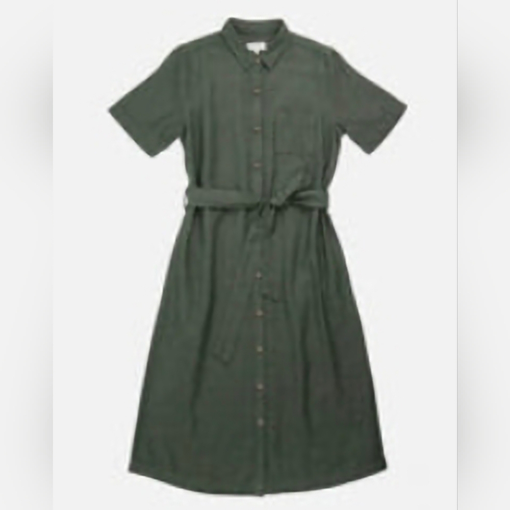 Bridge & Burn Amalia Dress Olive Herringbone Large Pockets Button-Down w/Belt